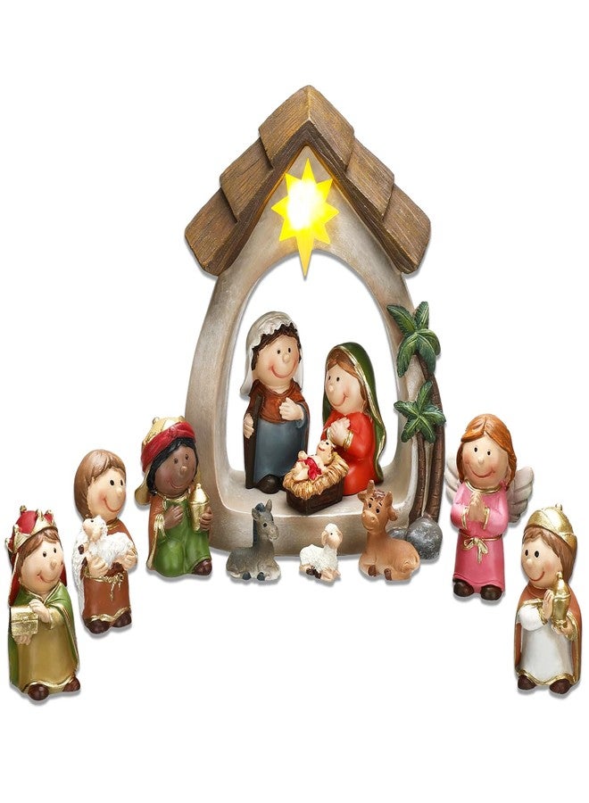 MACLARONX Nativity Set & Figures, 12 Pieces Small Christmas Nativity Scene with LED Light Resin Lighted Tabletop Nativity Indoor Decor Includes 1 Manger and 11 Figurine (Mini Figure) - Image 1